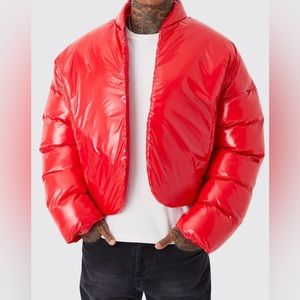 NWT! boohoo Man BOXY HIGH SHINE VOLUME PADDED PUFFER BOMBER Red XL